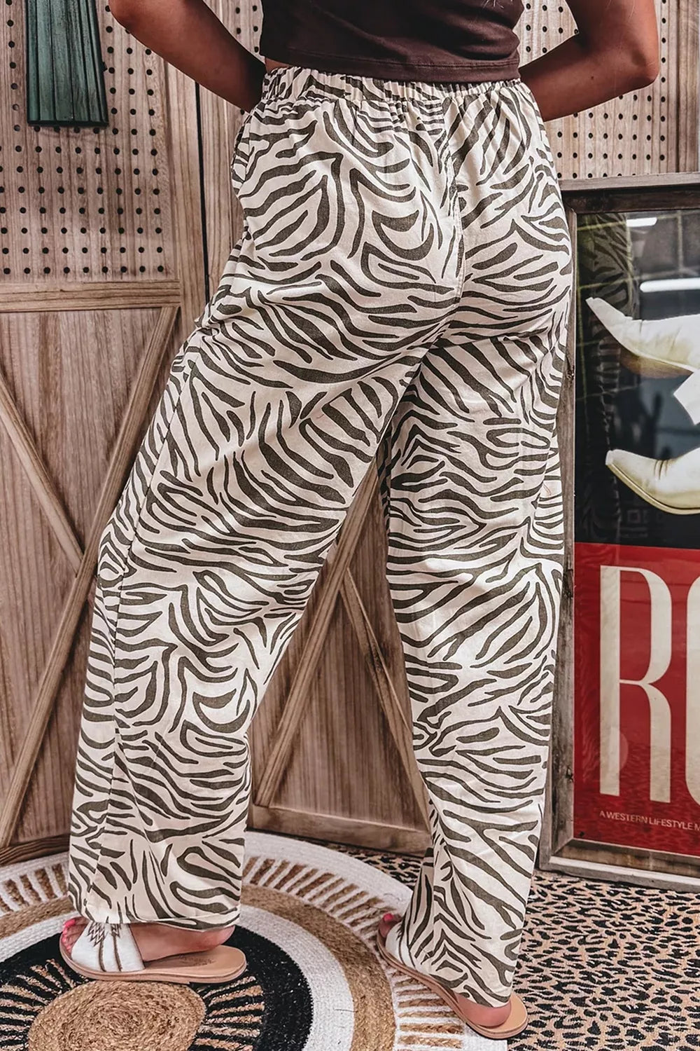 wide-leg pants in Mocha with zebra-print and drawstring