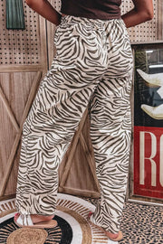 wide-leg pants in Mocha with zebra-print and drawstring