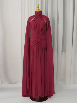 Red with Ruched Halter Neck Cape Maxi Dress