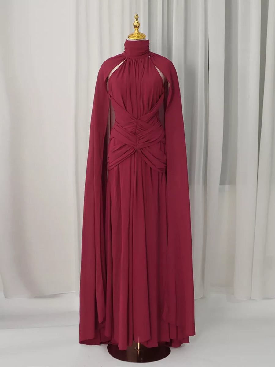 Red with Ruched Halter Neck Cape Maxi Dress