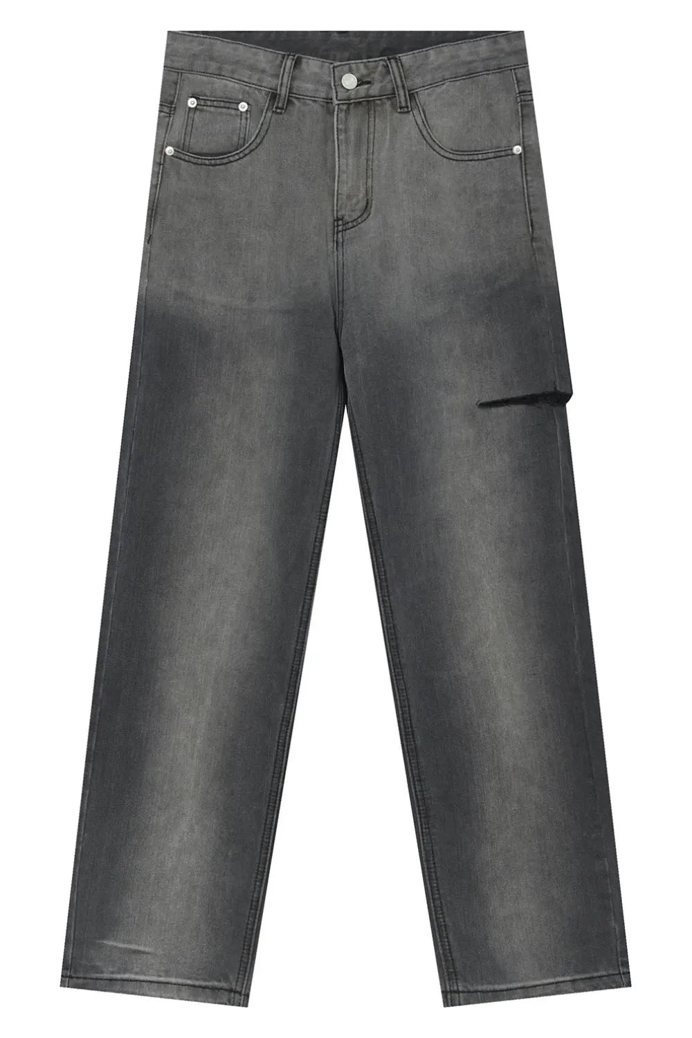 Faded dark wash denim jeans with a distressed knee detail and a relaxed fit.