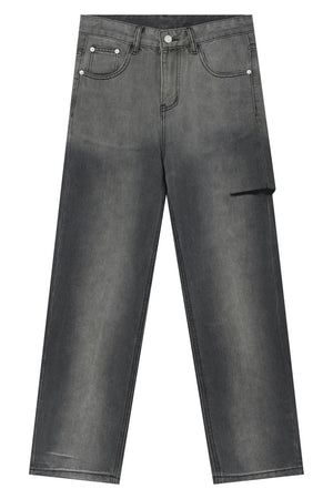 Faded dark wash denim jeans with a distressed knee detail and a relaxed fit.