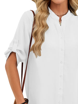 White button-down shirt dress with band collar and roll-tab sleeves.