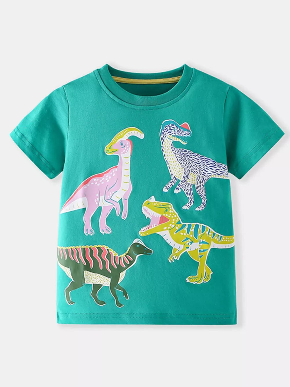 Teal cotton crew neck t-shirt with a colorful dinosaur print.