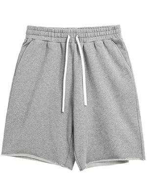 Gray relaxed fit jogger shorts with raw hem and white drawstring waist