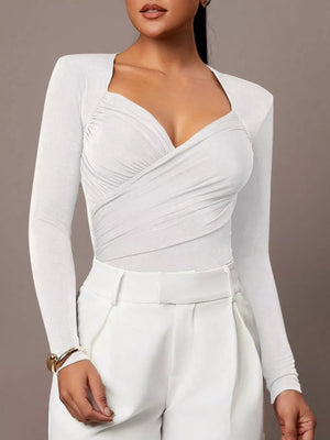Ruched Surplice Long Sleeve Bodysuit in Black with ruched