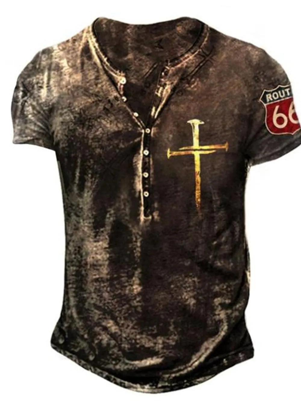 Men's black cotton blend henley t-shirt with gold cross print and Route 66 patch