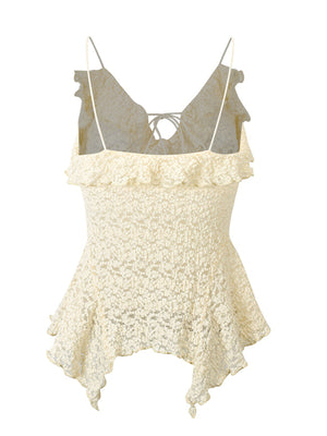 Beige lace cami top with ruffle trim and tie-back detail, asymmetrical hem