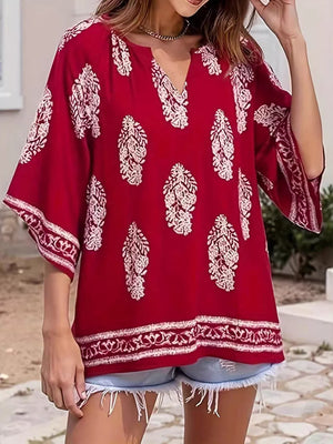 Red with Printed Notched 3/4 Sleeve Blouse in Red