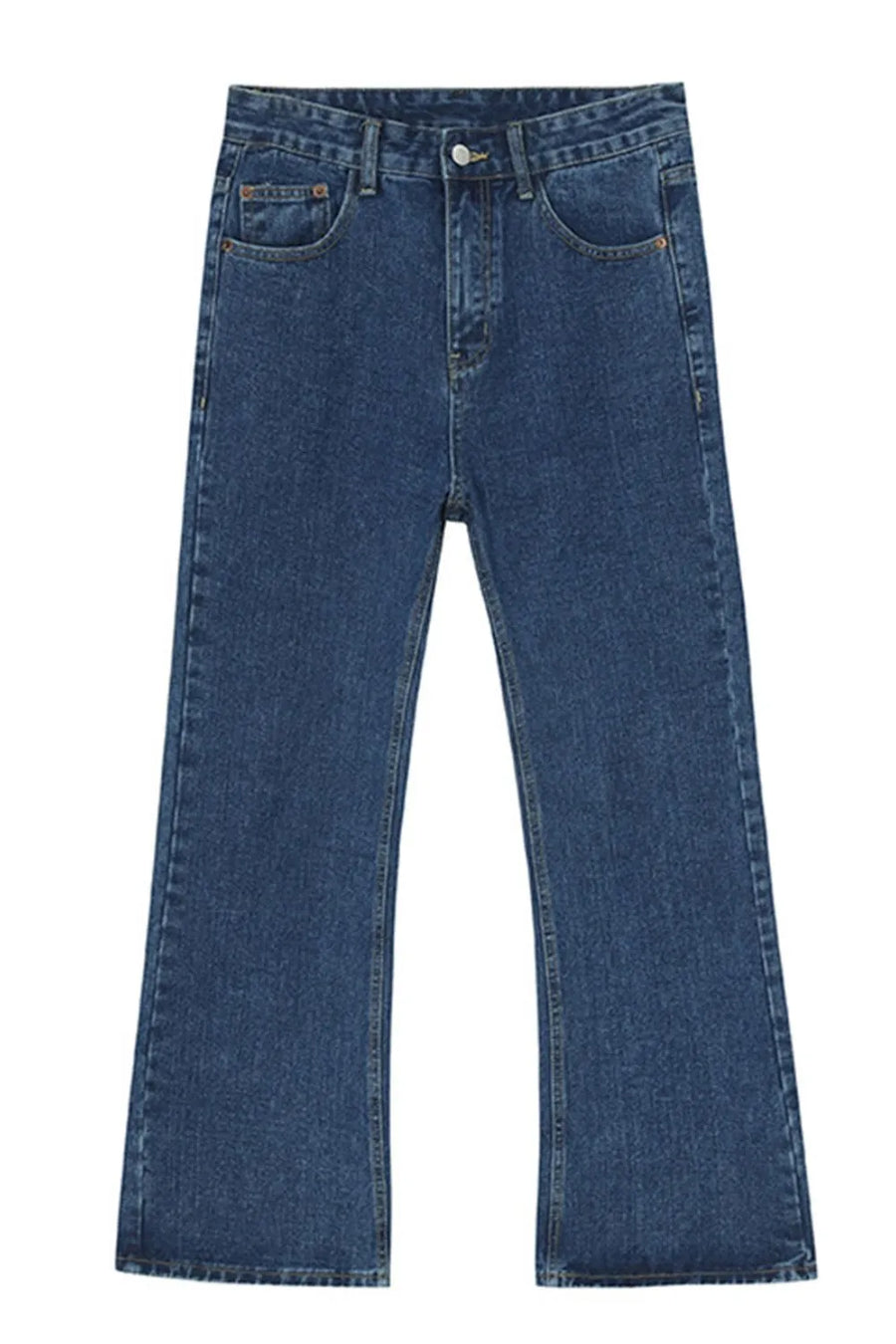 Relaxed flare denim jeans in a medium blue wash with a classic five-pocket design.