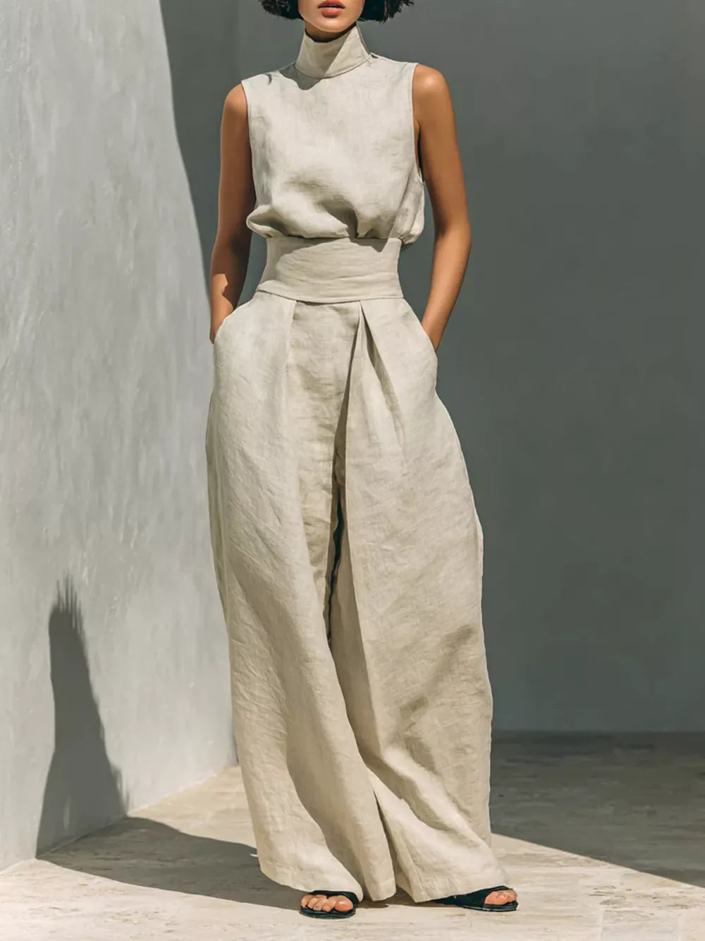 Apricot Sleeveless Wide-leg Jumpsuit With Smocked Waist