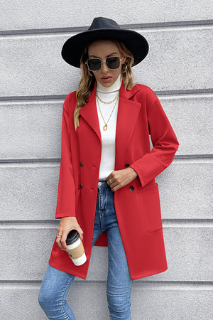Red double-breasted soft-drape blazer coat with two front pockets and button closure.