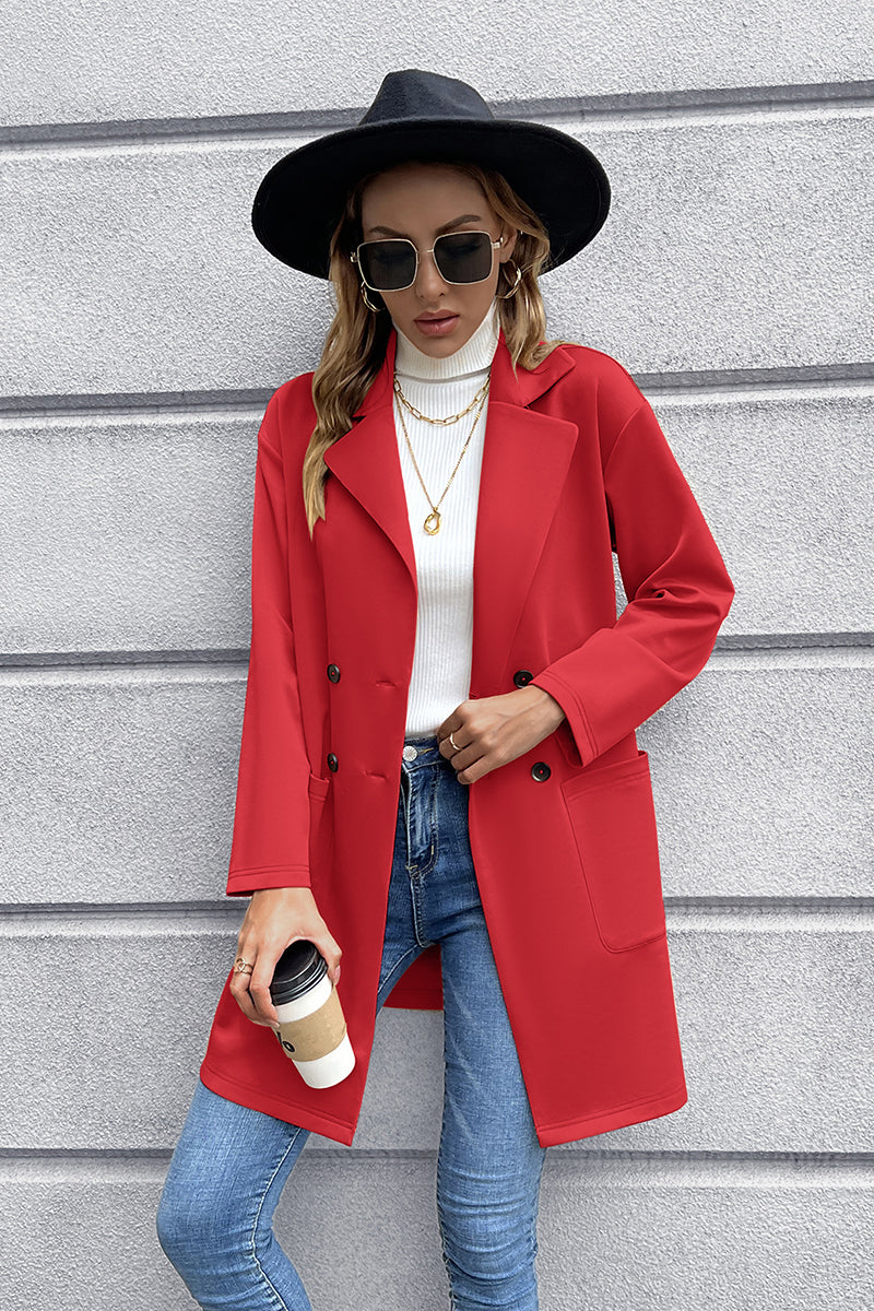 Red double-breasted soft-drape blazer coat with two front pockets and button closure.