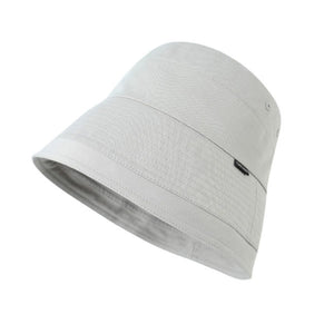 Grey cotton bucket hat with wide brim and textured band detail.