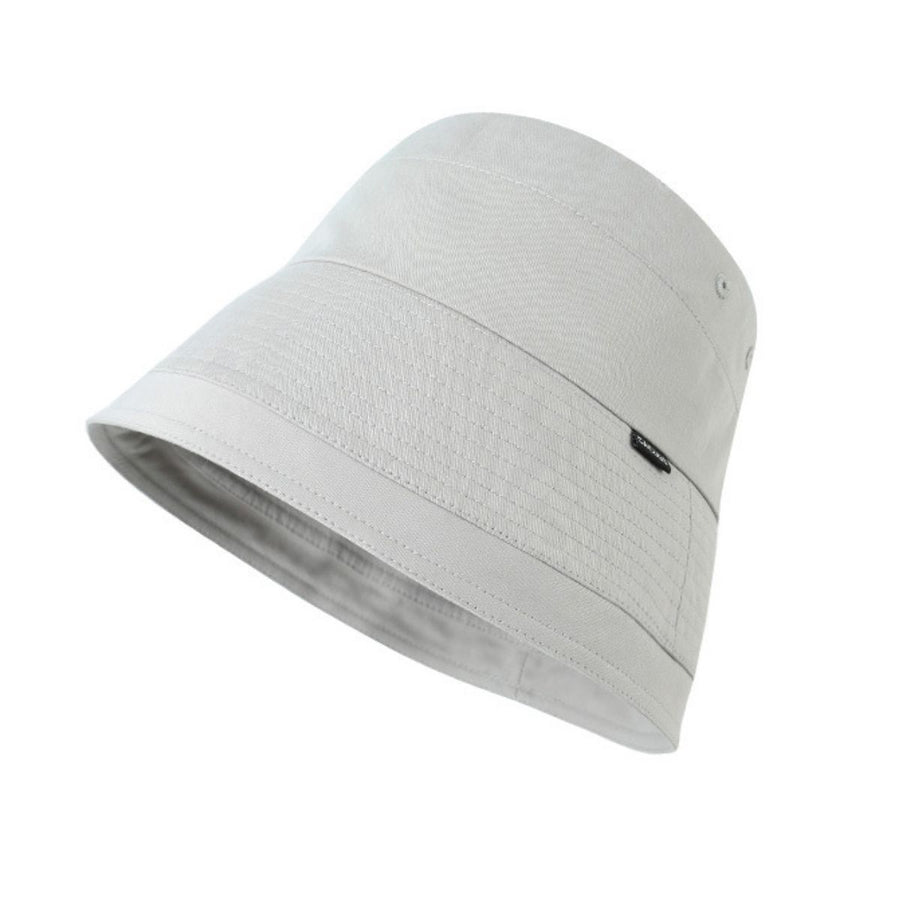Grey cotton bucket hat with wide brim and textured band detail.