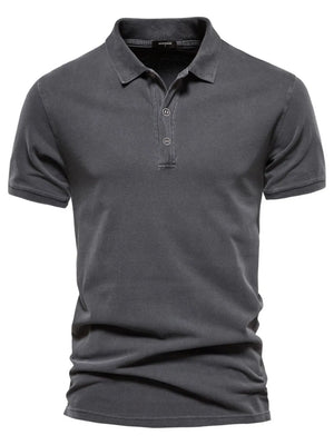 Dark Gray textured polo shirt with short sleeves and buttoned placket.