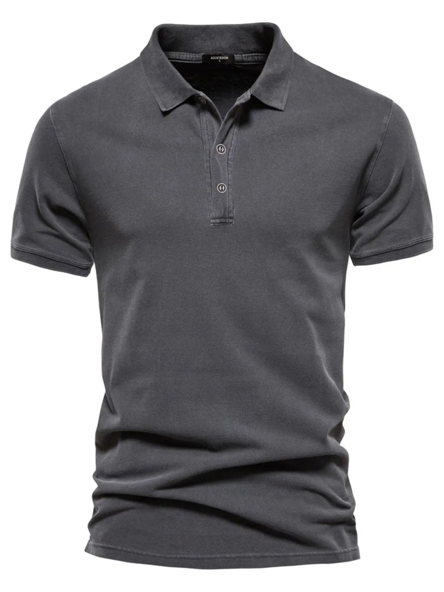 Dark Gray textured polo shirt with short sleeves and buttoned placket.