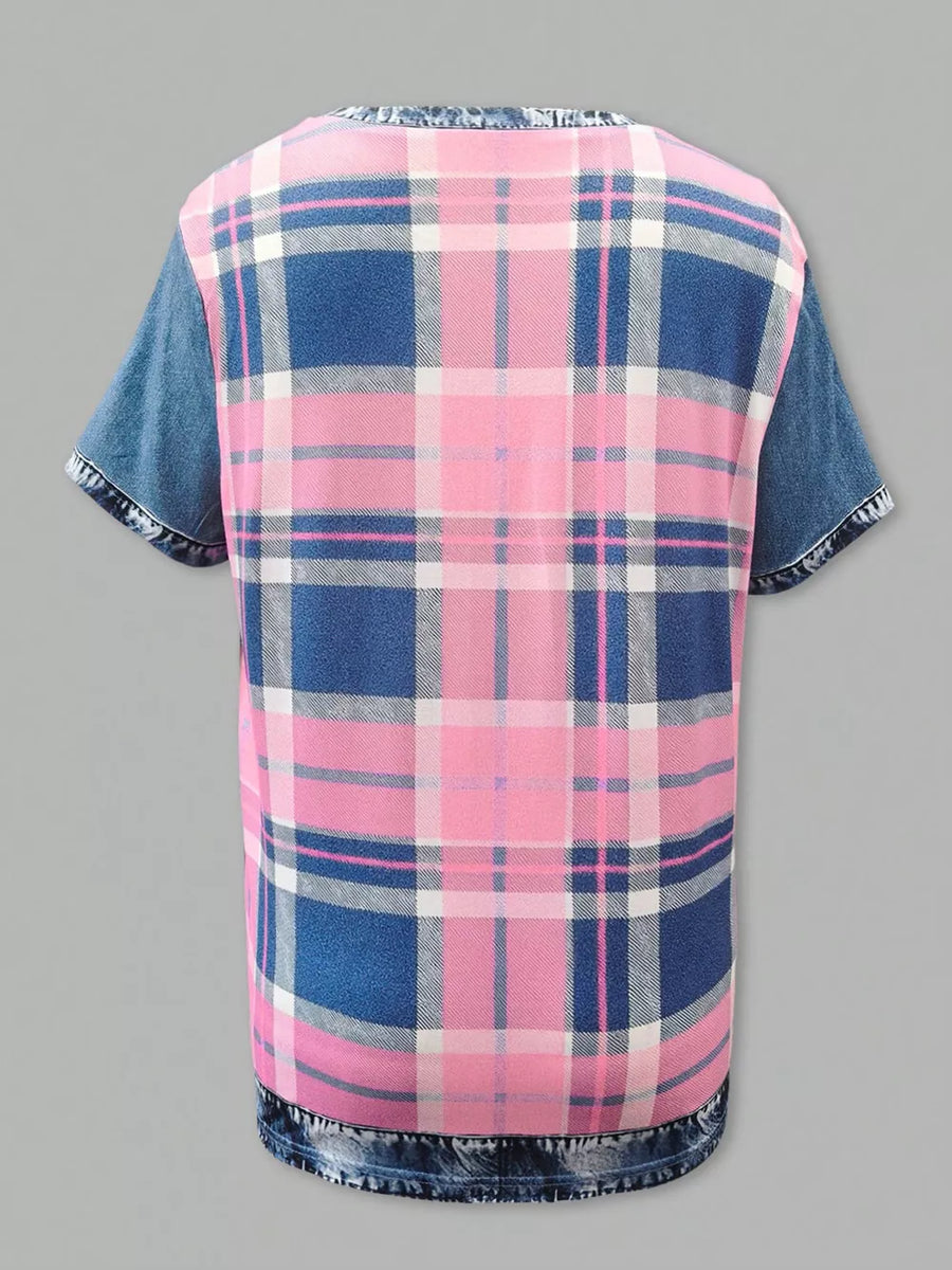 Contemporary denim patchwork blouse with pink, blue, and white plaid and distressed denim details.