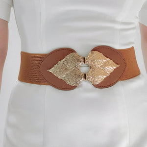 Caramel elasticated waist cincher with leaf motif buckle and brown faux leather accents.