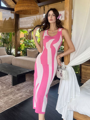 Rose red and white abstract pattern bodycon midi dress with scoop neck and sleeveless design.
