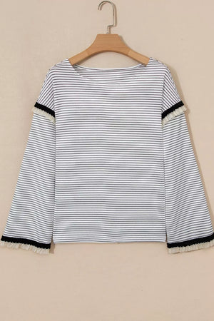 Stripe Contrasted Ruffle Trim Loose Long Sleeve Top option 8