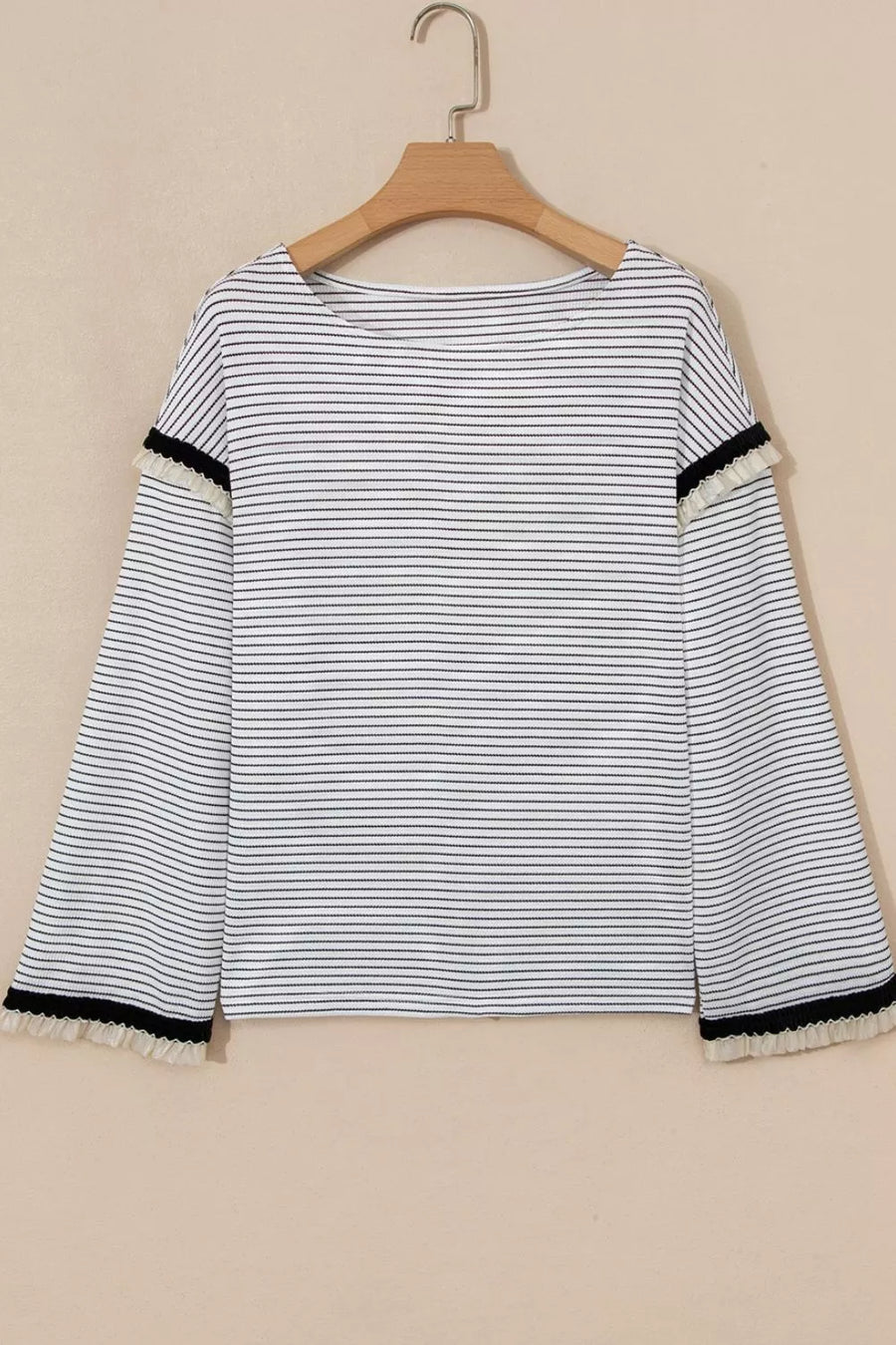 Stripe Contrasted Ruffle Trim Loose Long Sleeve Top option 8