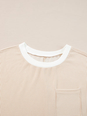 Beige striped t-shirt dress with crew neck and chest pocket
