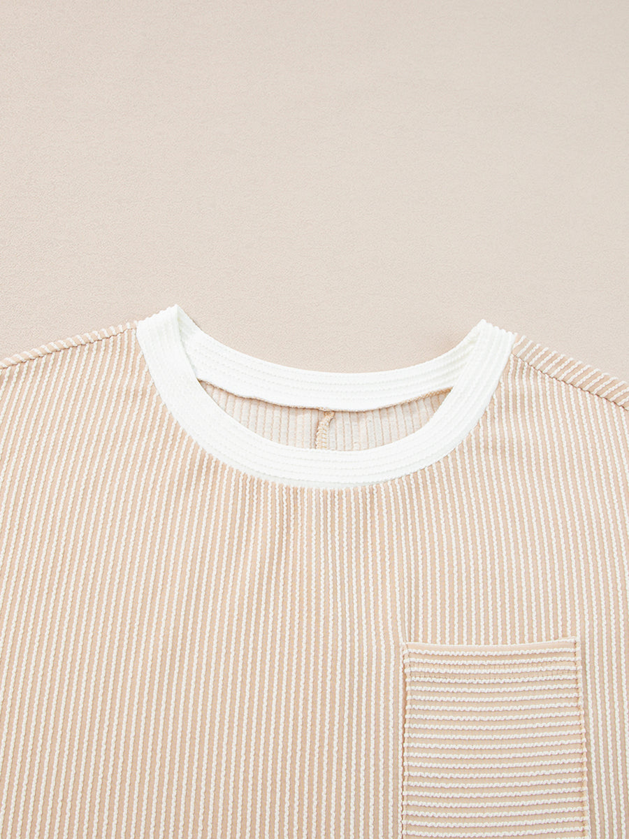 Beige striped t-shirt dress with crew neck and chest pocket