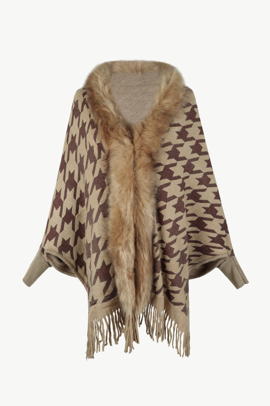 Beige houndstooth poncho with faux fur collar and fringe detail