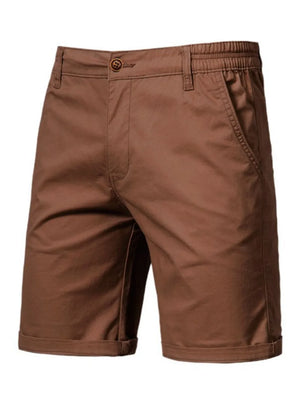 Brown chino shorts with elastic waist and cuffed hem