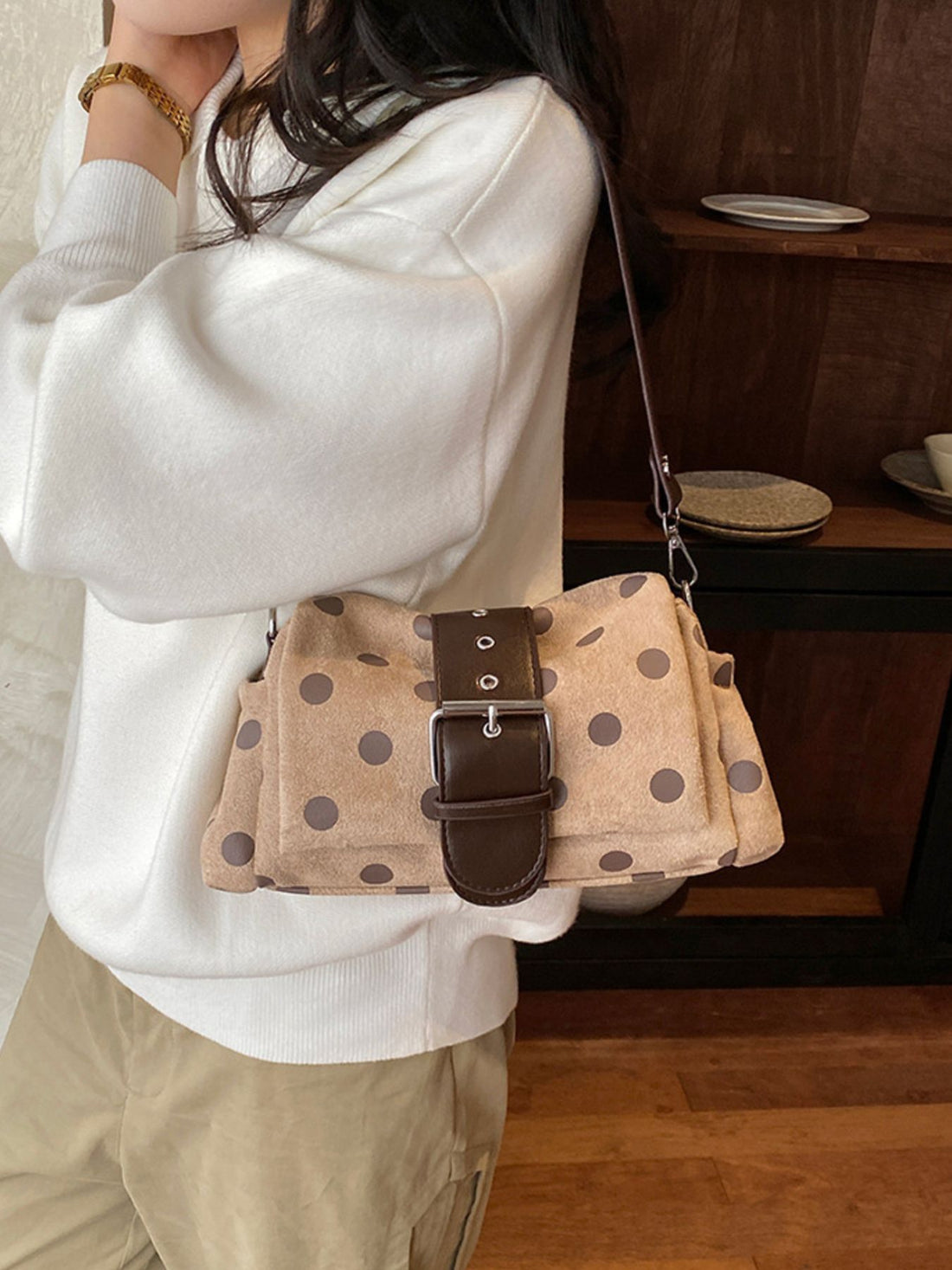 shoulder bag in Khaki with polka-dot and adjustable strap