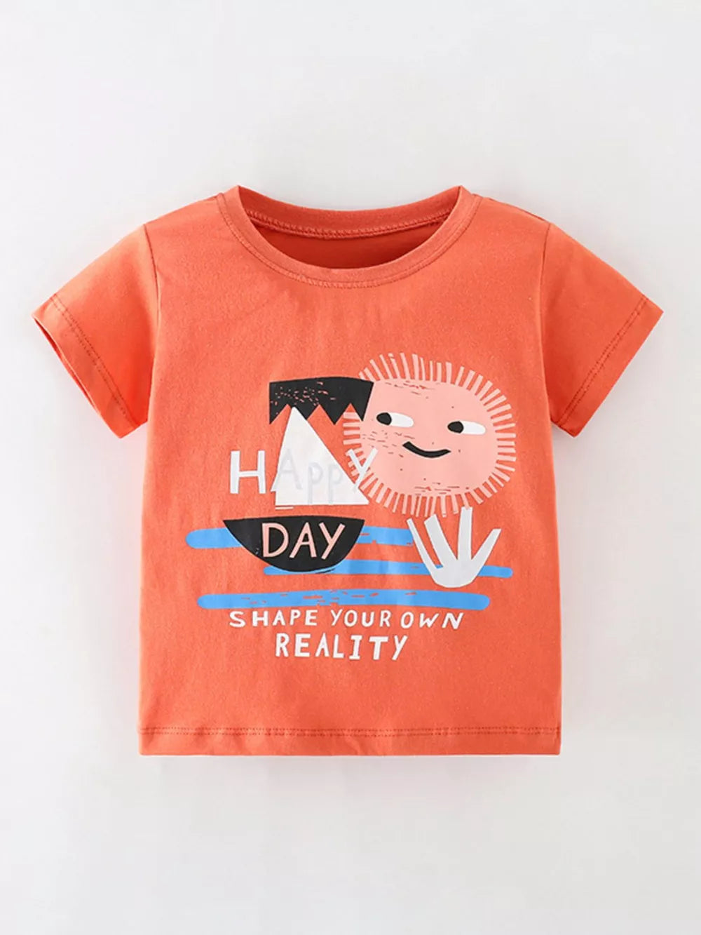 Coral cotton t-shirt with a joyful sun graphic and "Happy Day" text.