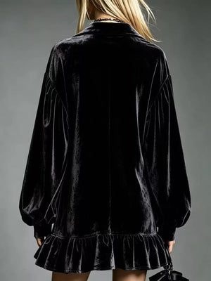 Velvet Ruffled Hem Long Sleeve Mini Dress Plus Size in White with ruffled