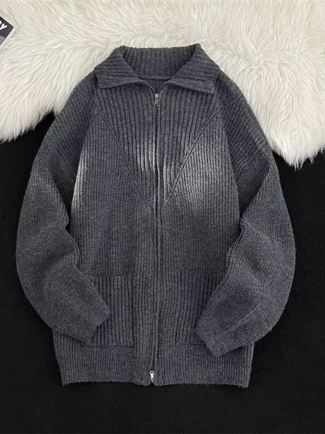 Dark gray ribbed zip-up knit cardigan with collar and pockets