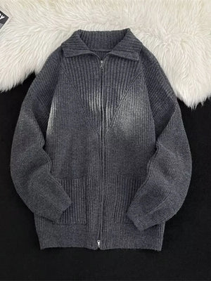 Dark gray ribbed zip-up knit cardigan with collar and pockets