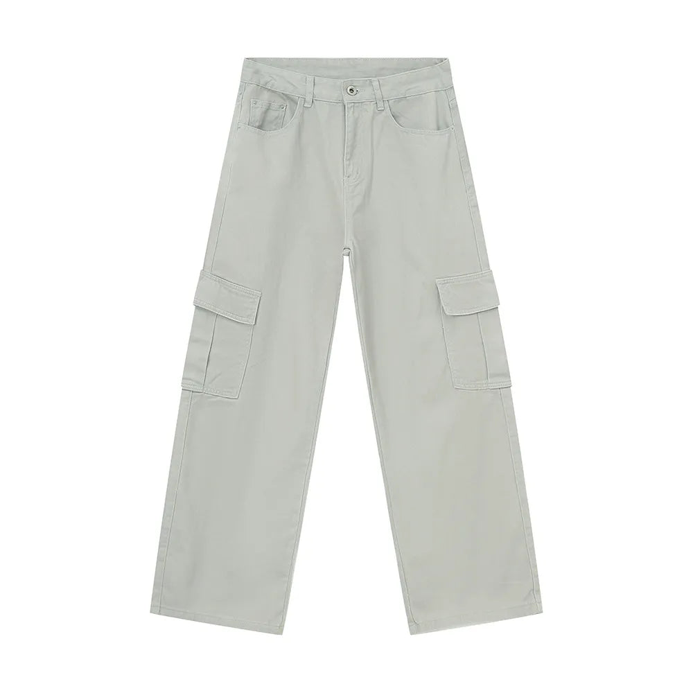 Oversized cargo denim trousers in eggshell with large side pockets and a relaxed fit.