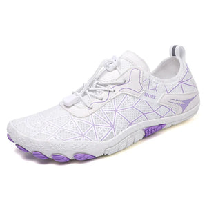 White mesh barefoot water shoes with purple geometric pattern and quick lace.