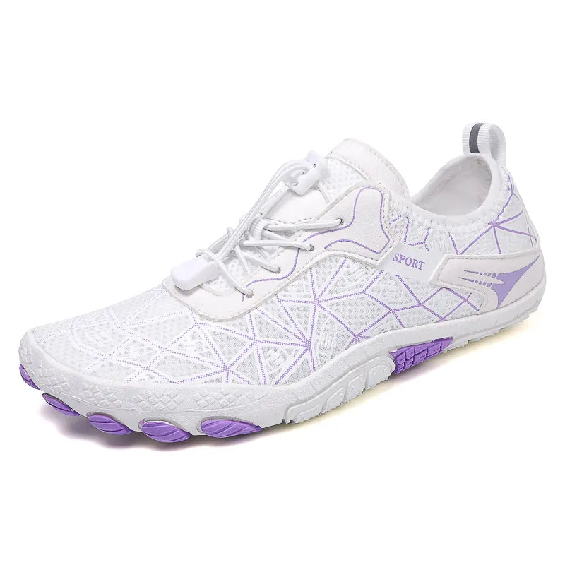 White mesh barefoot water shoes with purple geometric pattern and quick lace.