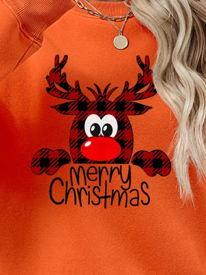 Orange crewneck sweatshirt with plaid reindeer graphic and Merry Christmas text.