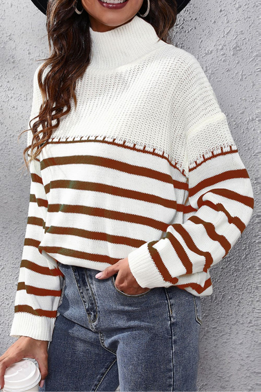 Turtleneck sweater with brown and white Breton stripes, acrylic knit, detailed neckline.