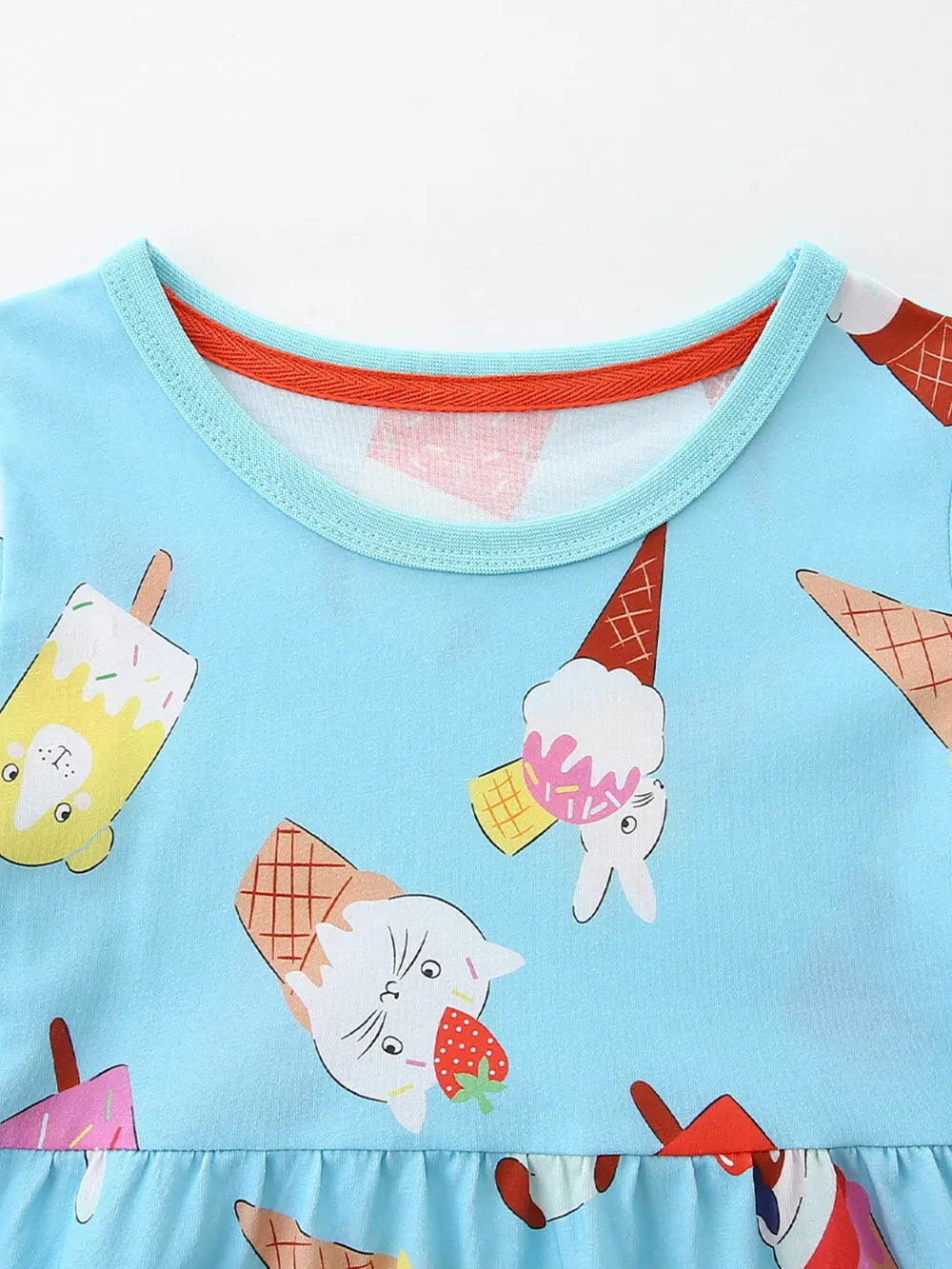 Blue cotton blend toddler dress with whimsical ice cream and animal print, crew neck.
