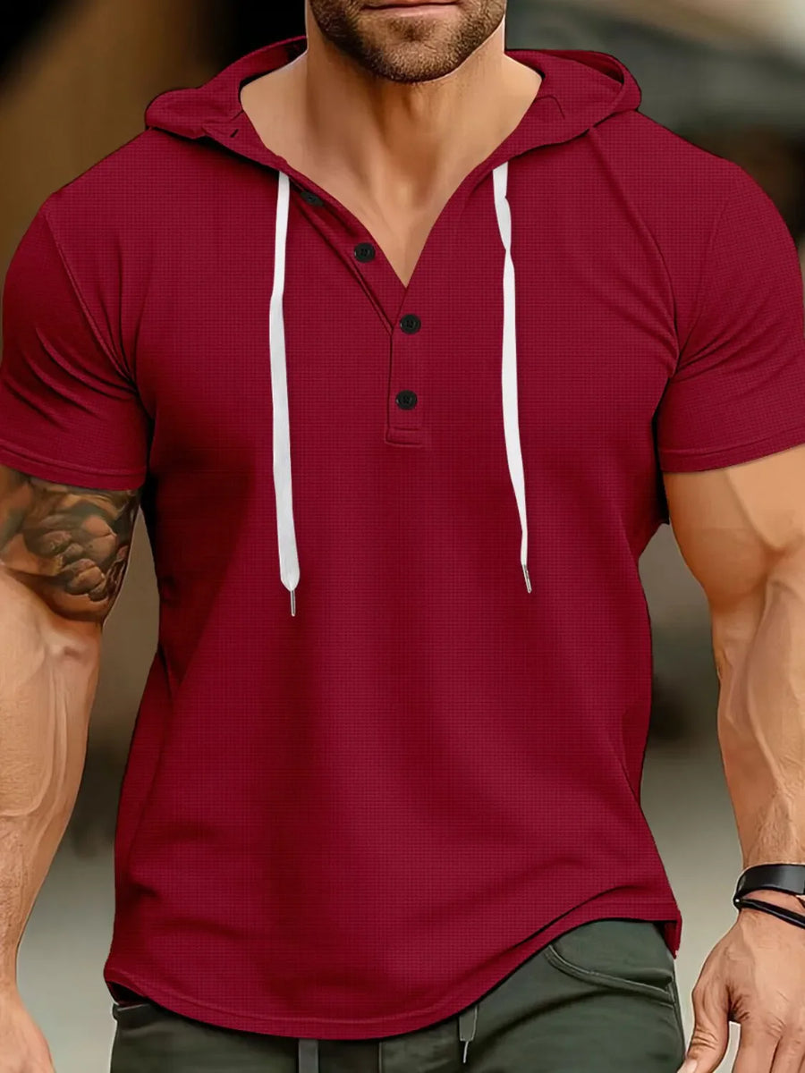 Deep Red Henley hooded tee with contrast drawstrings and button placket