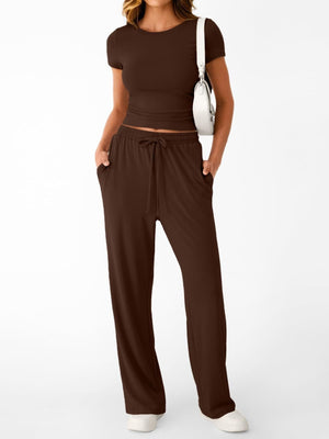 Brown round neck tee and relaxed drawstring pants set