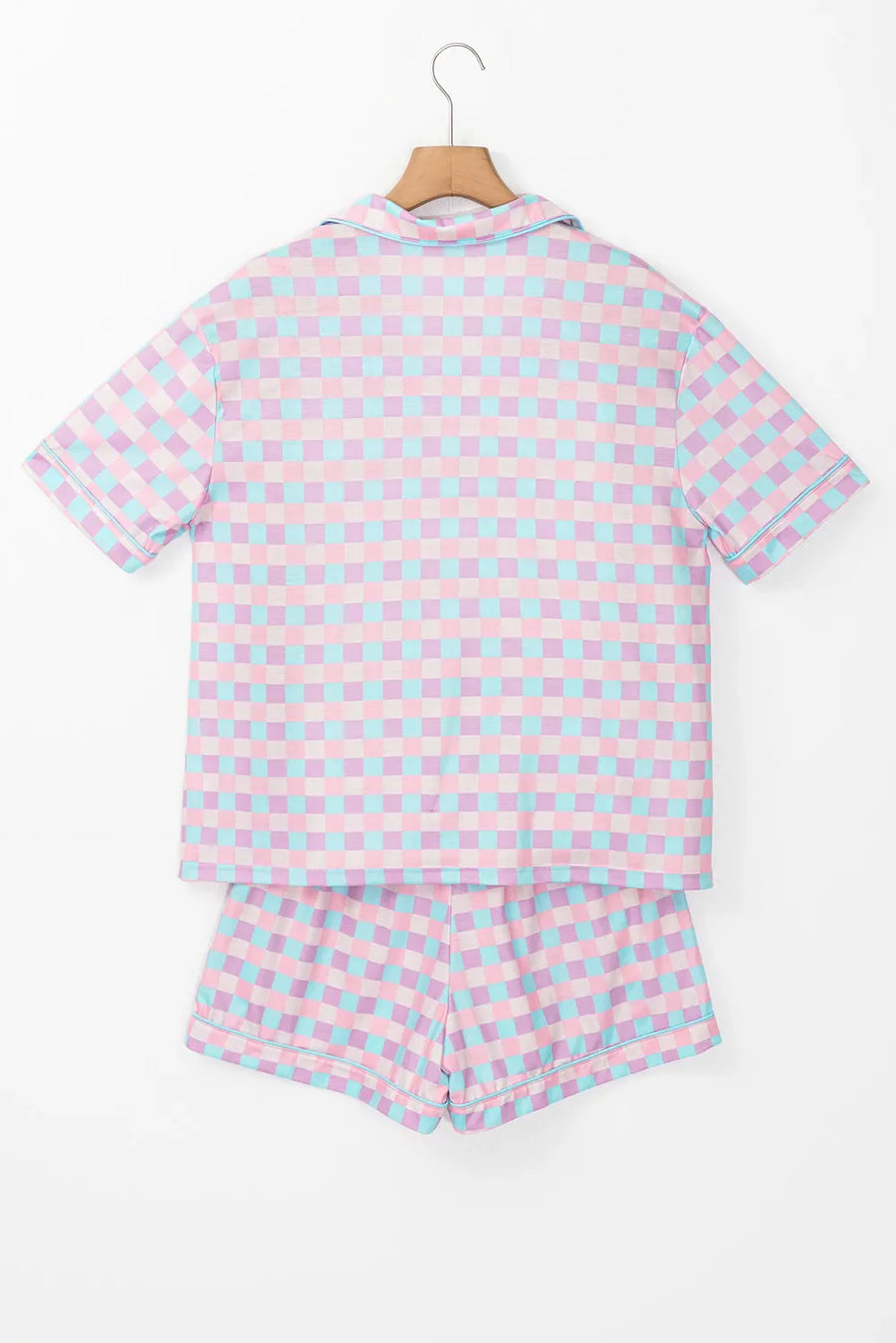 Pastel checkered pajama set with collared short sleeve top and shorts.