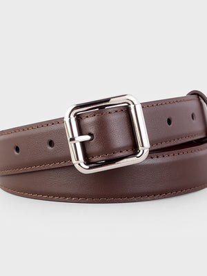 Brown cowhide leather belt with square silver buckle and contrast stitching