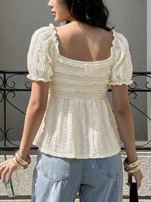 Cream textured square neck puff sleeve peplum top
