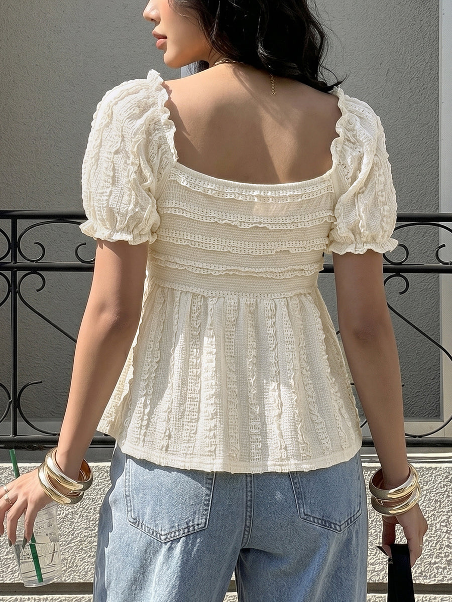 Cream textured square neck puff sleeve peplum top