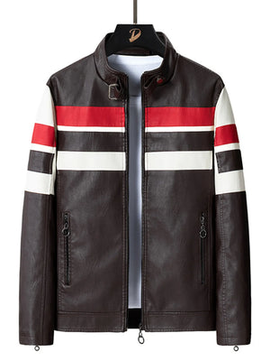 Plus-size coffee brown leather moto jacket with red and white stripes on sleeves and chest.