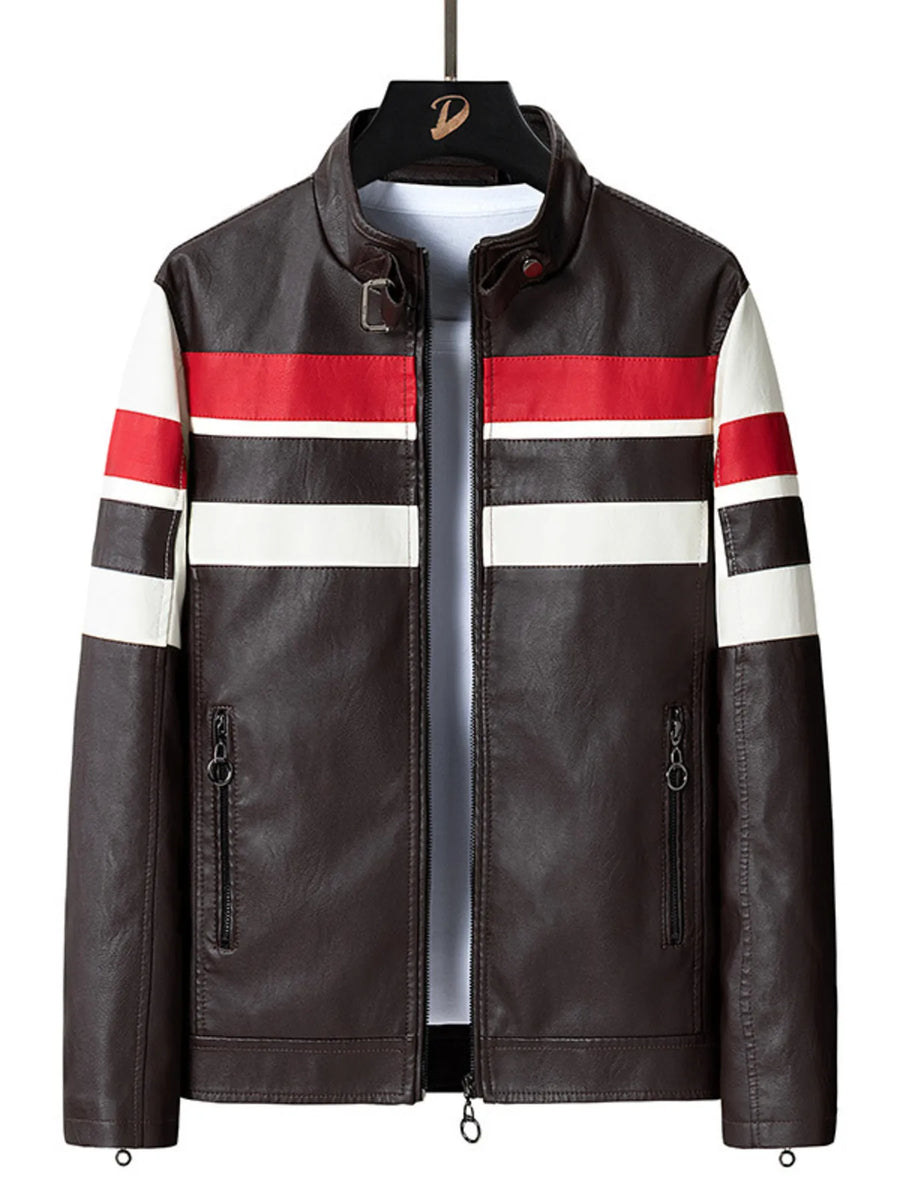 Plus-size coffee brown leather moto jacket with red and white stripes on sleeves and chest.