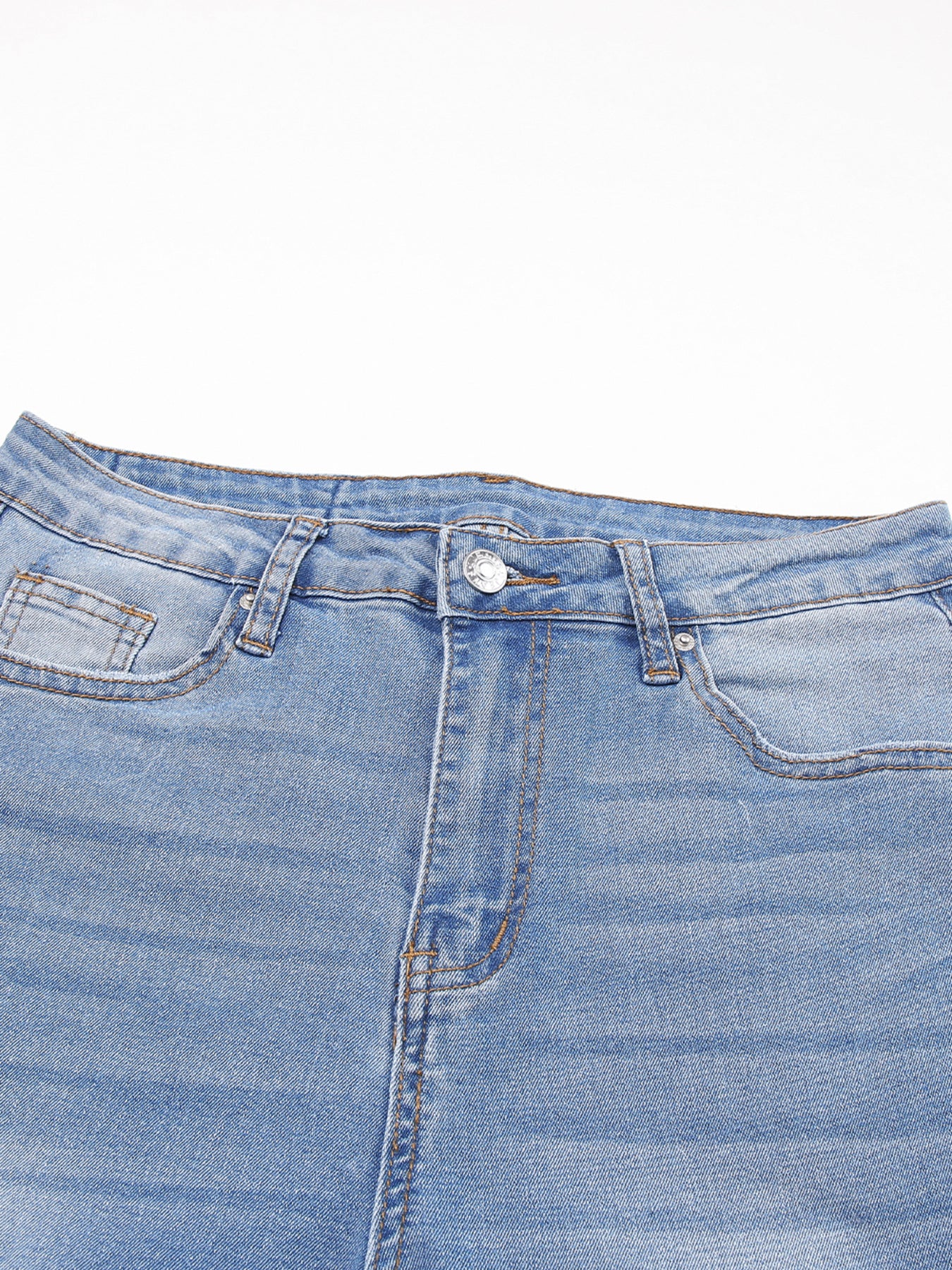 Light wash denim cropped jeans with whiskered details and five-pocket styling.